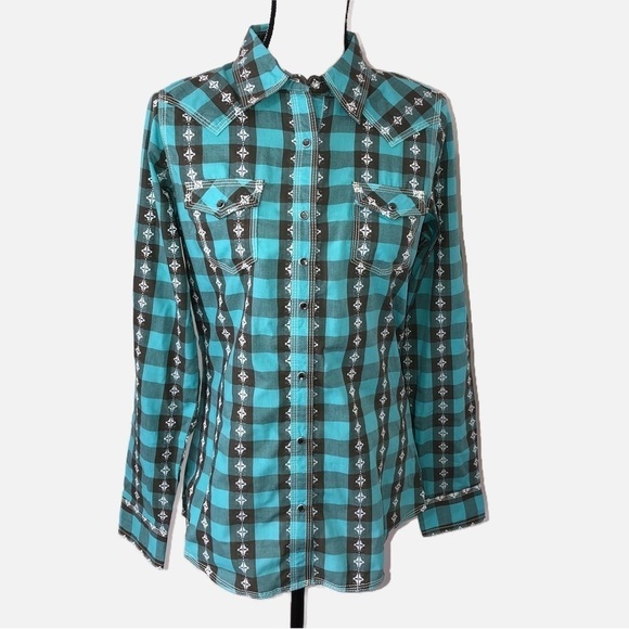 Rock 47 Wrangler Cowgirl Western Snap Front Shirt Size M Rodeo Embroidered Blue - Picture 1 of 10